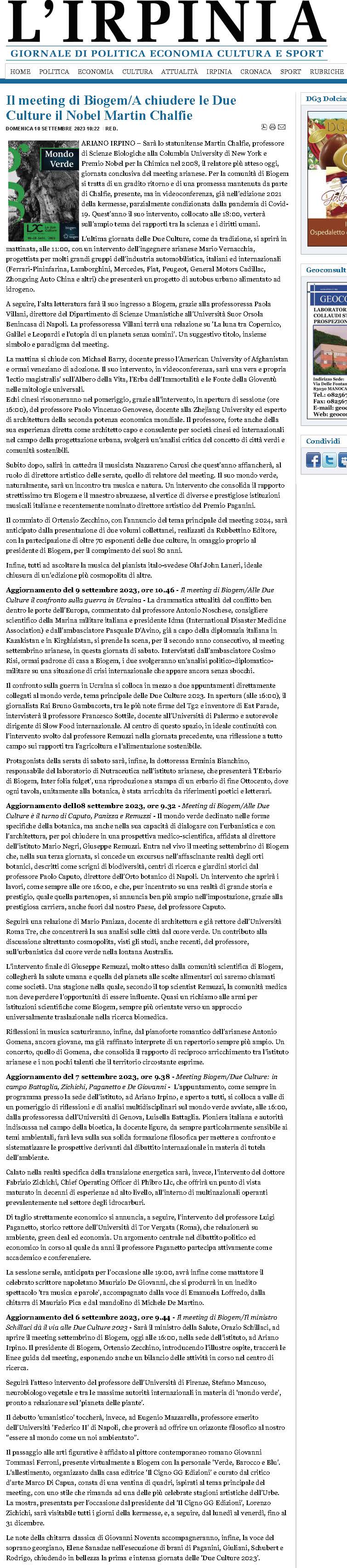 Il meeting di Biogem/A chiudere le Due Culture il Nobel Martin Chalfie